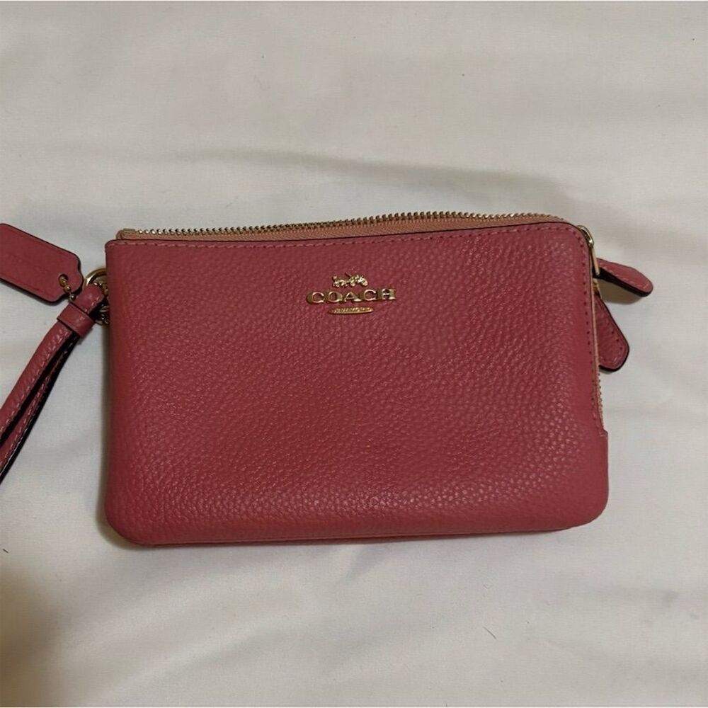 NWT COACH Leather Double Wallet Corner Zip Wristlet Pink Pebble Leather AUTHENTC
